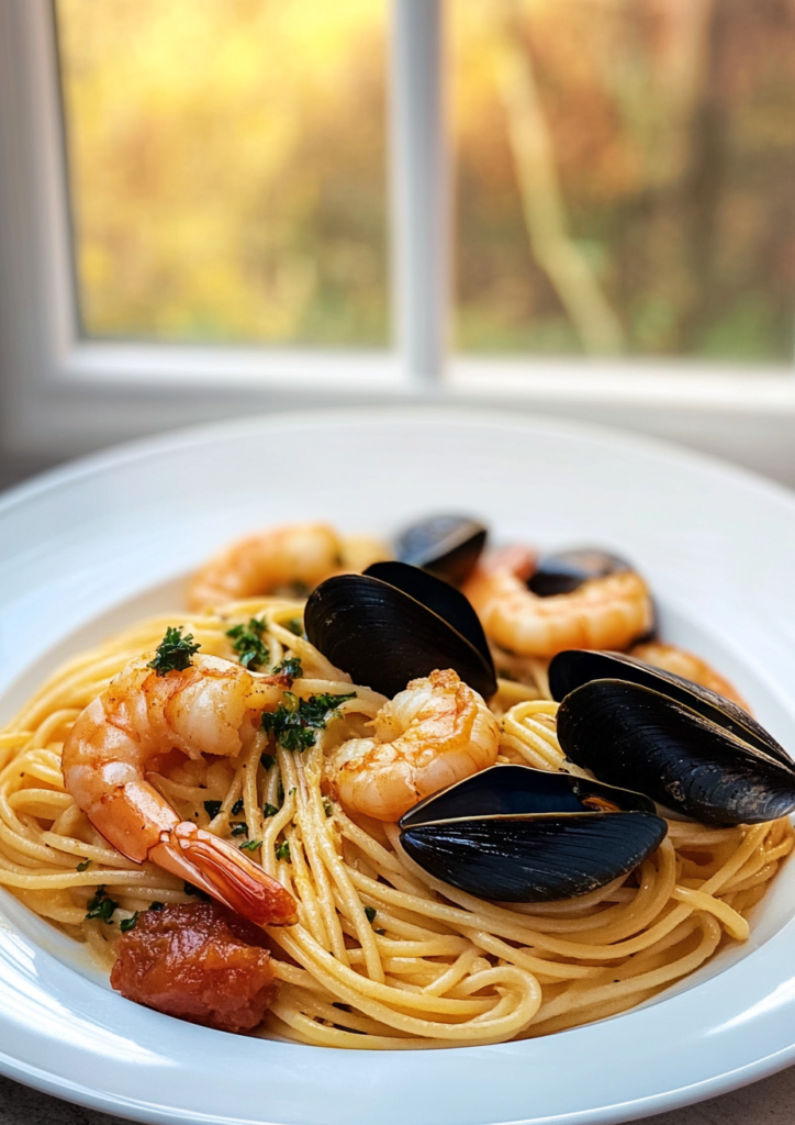 Seafood linguine with shrimp and mussels