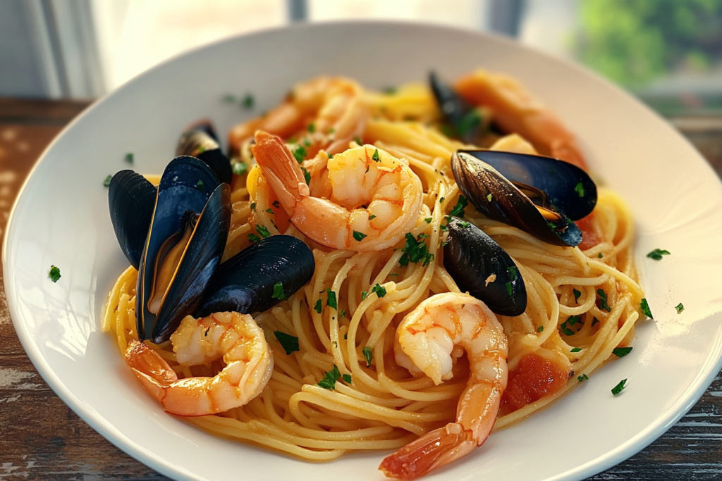 Seafood linguine with shrimp and mussels