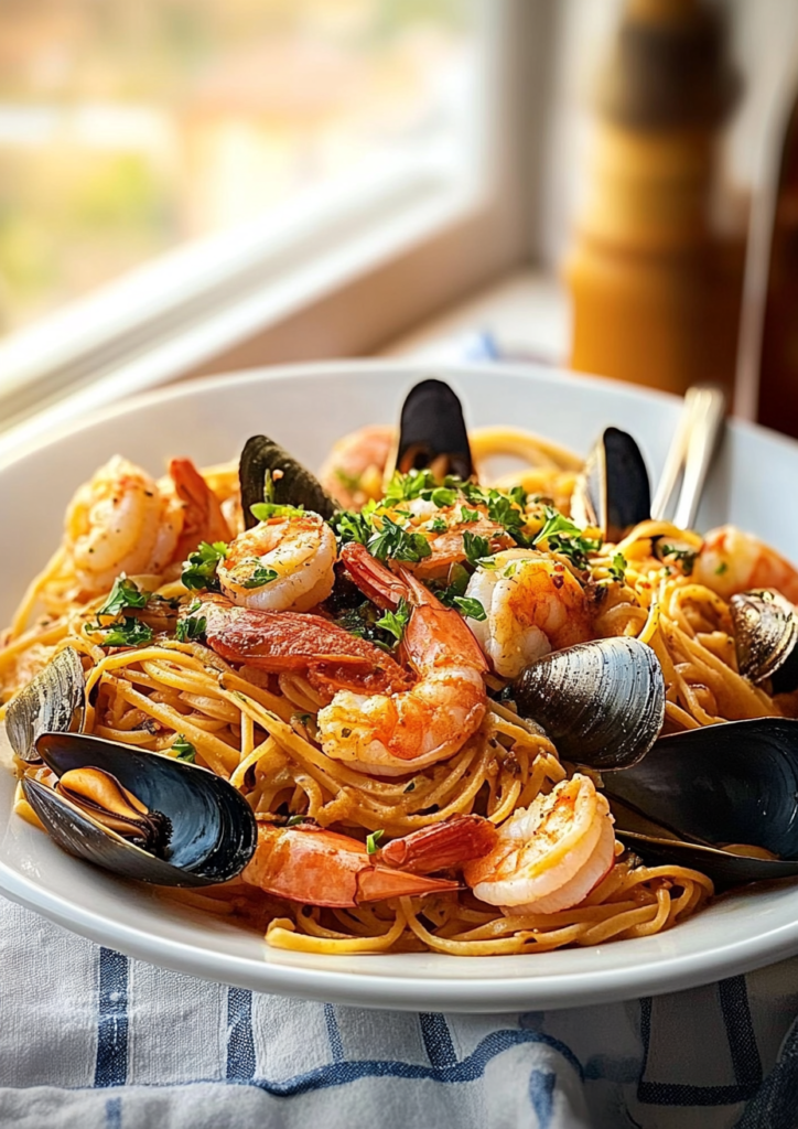 Seafood linguine with shrimp and mussels