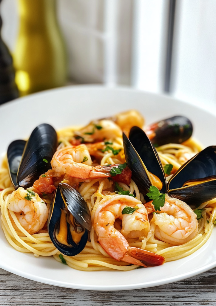 Seafood linguine with shrimp and mussels
