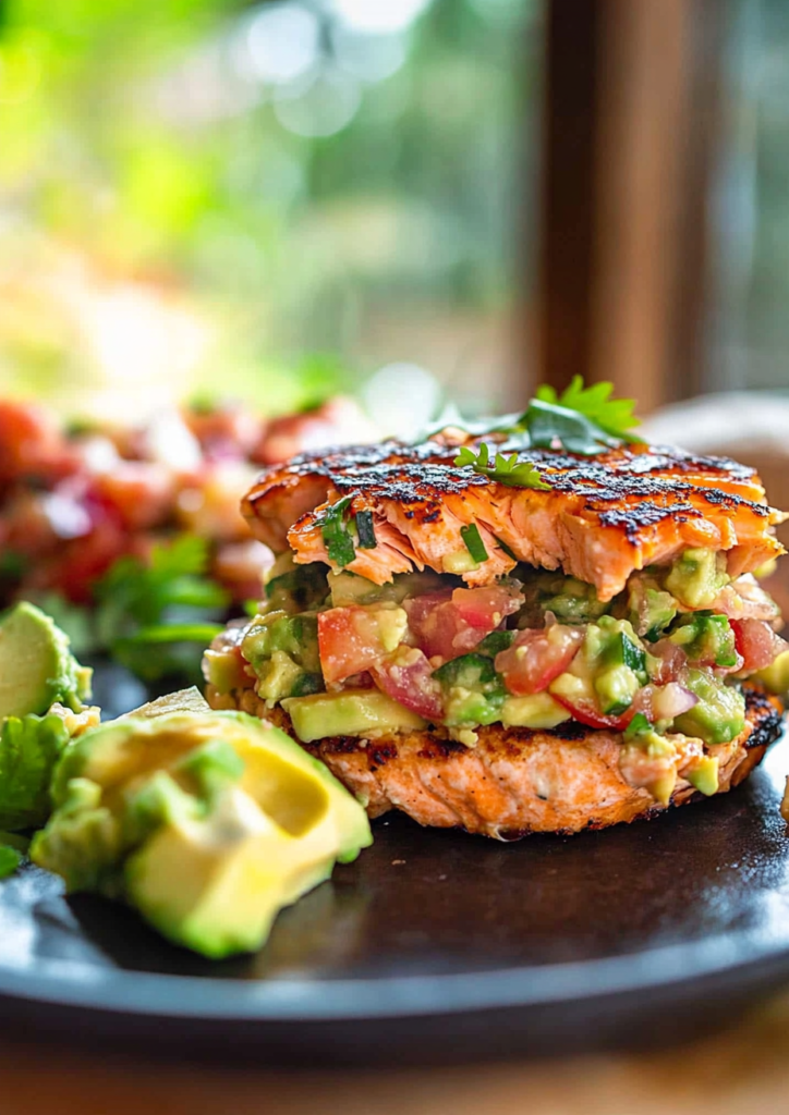 Grilled Salmon Burgers with Avocado Salsa