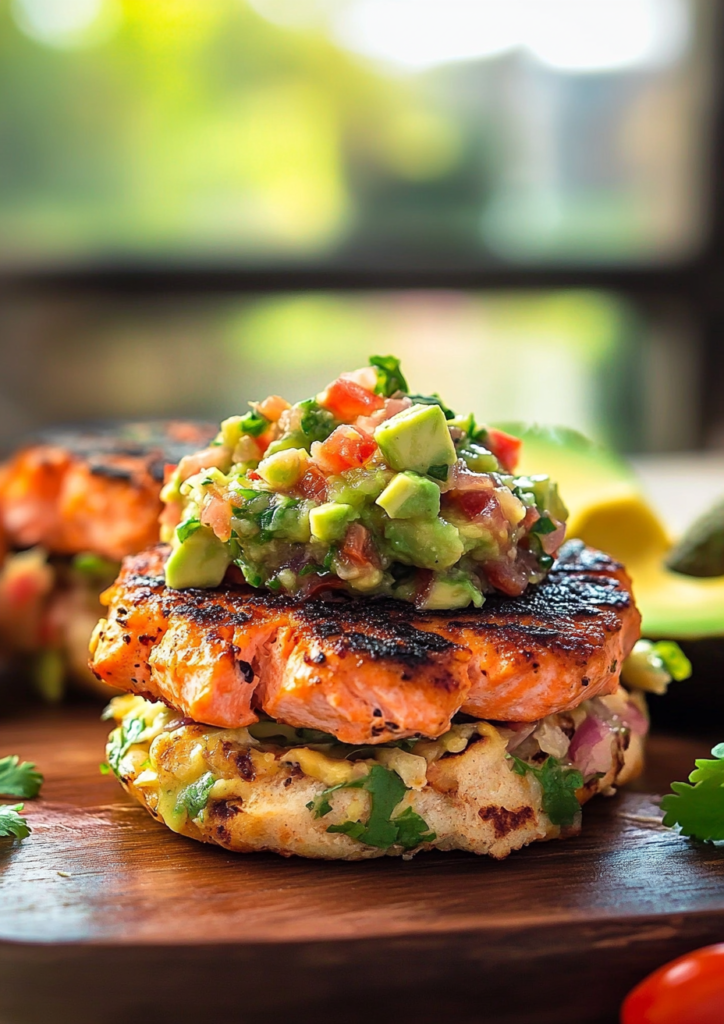 Grilled Salmon Burgers with Avocado Salsa