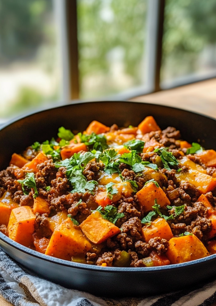 Southwest ground beef and sweet potato skillet